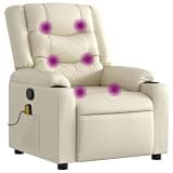 HGLADYU Manual Recliner Chair with Vibration Massage, Cream Faux Leather, 6 Massage Points, Cup Holders and Side Pocket