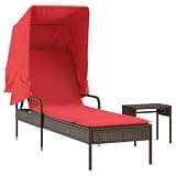 KMUNGDWG Patio Sun Lounger with Adjustable Backrest, Retractable Canopy, and Tea Table, Brown Poly Rattan with Thick Cushion