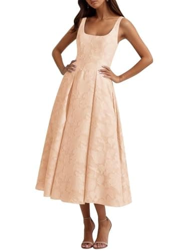 Peach Pink Floral Lace Bridesmaid Dresses for Women Tea Length A Line Pleated Wedding Guest Dress Formal Gown MJ101 16W