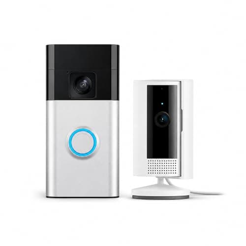 NEW RlNG Camera - Starter Set with Battery Doorbell and Indoor Cam - Satin Nickel and White