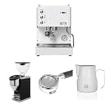 Diletta Mio Espresso Machine (White) Bundle with Faustino Espresso Grinder (Black), 58mm Bottomless Portafilter & 12oz Frothing Pitcher (Matte White)