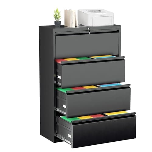 Greenvelly 4 Drawer File Cabinet, Metal Filing Cabinet with Lock, Lateral File Cabinet for Home Office, Locking File Cabinet for Letter/Legal/F4 and A4 Size Hanging Files, Easy Assembly, Black