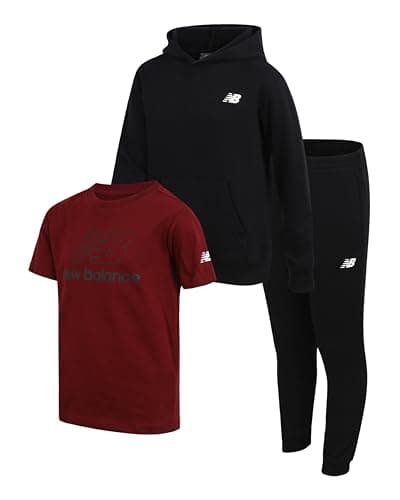 New Balance Boys Jogger Set - 3 Piece Outfit with Pullover Hoodie, Graphic Tee & Boys Jogger Pants - Athletic Outfit (4-12), Size 16, Black/Deep Red