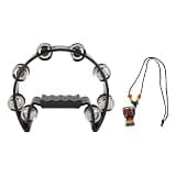 Handheld Tambourine with Metal Bells, Half Moon Hand Percussion Instrument, Black ABS Shell with Stainless Steel Jingles and Wooden Hanging Decor for Party Dance Concert