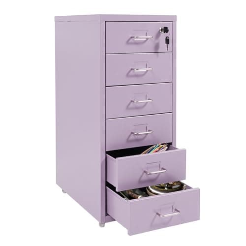 ChronosGear 6-Drawer Vertical File Cabinet with Lock, 27in Moveable Office File Storage with Wheels, Purple Metal Rolling Organizer for Office to Store Stamps, Sticky Notes, Paper Clips (Purple)