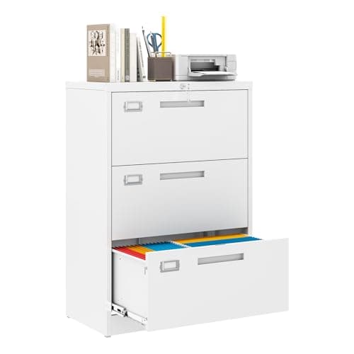 MIIIKO Lateral 3 Drawer File Cabinet,White Metal Filing Cabinets with Lock, Metal Storage File Cabinets for Home Office,Letter/Legal/A4 Size
