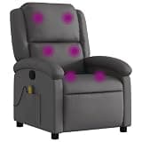 HGLADYU Manual Recliner Chair with 6 Massage Points, Real Leather Grey Thick Padded Seat, 135 Degree Tilt and Side Pocket