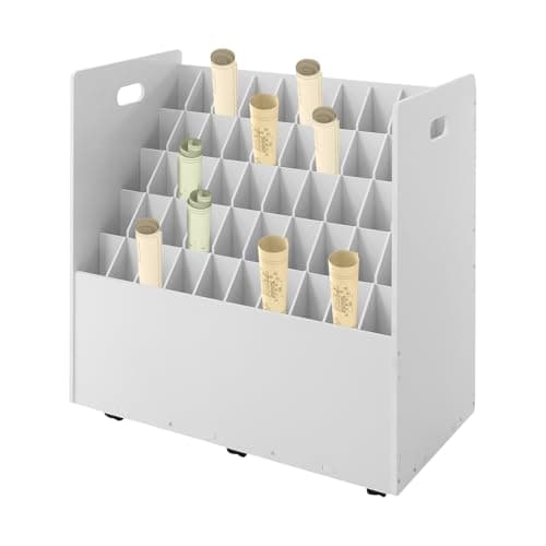 Kebayuneth 50 Slots Blueprint Storage Cabinet Mobile Roll File Storage Holder with Wheels Blue Print Cabinet Roll Files Storage Organizer for Home, Studio, Office (White)