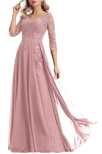 3/4 Sleeve Chiffon Mother of The Bride Dress A Line V Neck Lace Sequin Applique Formal Evening Dress US26W Dusty Mauve