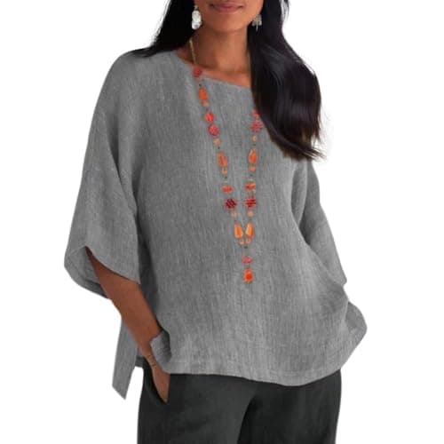 Womens Cotton Linen Shirts Casual Crewneck Tops 3/4 Length Sleeve Blouses Comfy Loose Solid Color Trendy Shirt Vacation Oversized Tee 02Grey