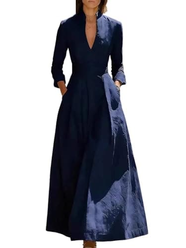 Women Maxi Dress Solid Long Sleeve High Waist Slim Fit Office Work Formal Party Dresses Dark Blue
