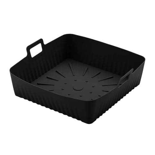 XXL 9inch Silicone Air Fryer Basket，Compatible For Cosori，Compatible For Ninja，6-8QT-Oven-Safe Square Reusable Tray Dishwasher-Friendly Oil-Free(Black)