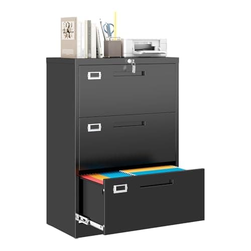 MIIIKO Lateral 3 Drawer File Cabinet, Black Metal Filing Cabinets with Lock, Drawers Storage File Cabinets for Home Office,Hanging Files Folders Letter/Legal/A4 Size