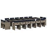 Makastle 17 Piece Outdoor Garden Dining Set with Cushions, Grey PE Rattan, 129.92 x 41.73 x 28.74 Inches, 212.43 Pounds, Rectangular Table with Tempered Glass Top, Assembly Required