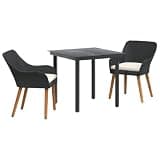 GHVBNMF 3 Piece Garden Dining Set, Black Poly Rattan Patio Furniture Set with 2 Chairs and Tempered Glass Top Table, Modern Outdoor Bistro Seating with Cushions for Balcony and Terrace