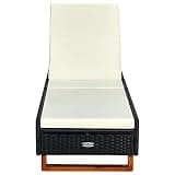 UERNGFTKM Black Poly Rattan Patio Sunbed with Cushion, Outdoor Recliner with Adjustable Backrest and Acacia Wood Legs