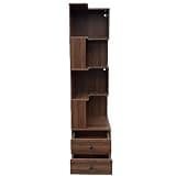 TERRUPEX Corner Bookshelf with LED Lights, 4-Tier Corner Bookcase with Drawers and Guardrail, Freestanding L-Shaped Display Shelf for Living Room, Home Office, Bedroom, Kitchen, White (Walnut)