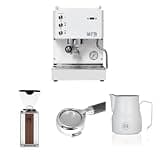 Diletta Mio Espresso Machine (White) Bundle with Rocket Giannino Grinder (Chrome/Wood), 58mm Bottomless Portafilter & 12oz Frothing Pitcher (Matte White) | PID Single Boiler Espresso Set