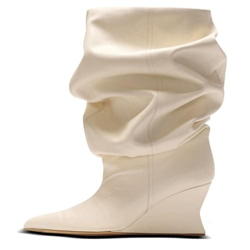 Aorikro Slouchy Mid Calf Boots For Women Pointed Toe Wedge Heels Slouch Pull On Wide Calf Boots Beige