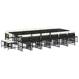 WRJENFSC 17 Piece Garden Dining Set, 16 Person Outdoor Dining Table and Chairs with Cream White Cushions, Black Poly Rattan and Steel Frame for Patio and Terrace, 130in Long