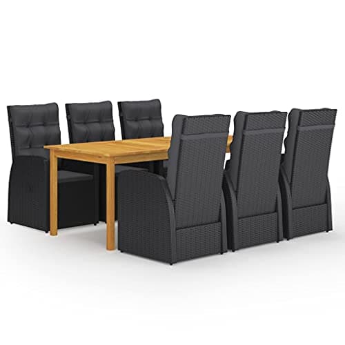 QJBSAVVA 7-Piece Patio Dining Set Black Outdoor Furniture with Solid Acacia Table Weather-Resistant PE Rattan Chairs Adjustable Recliner for Backyard Balcony Porch