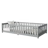 Bellemave Twin Size Floor Bed with Slats, Twin Size Montessori Floor Bed with Guardrails, Easy Assemble Montessori Beds Frame for Kids, Gils, Boys, Gray