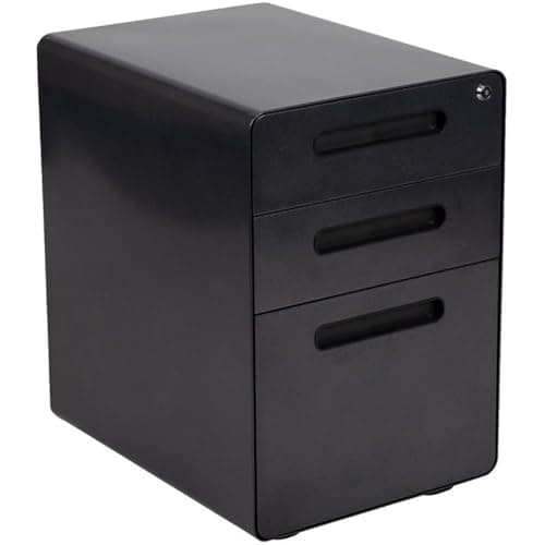 Pemberly Row Contemporary 3 Drawer Mobile File Cabinet, 24 in H x 16 in W x 21 in D, Black Finish, Plastic and Steel Construction, Locking Design with Casters, Under Desk Organizer for Home or Office