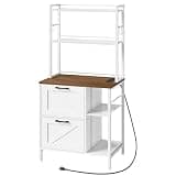HOOBRO File Cabinet, Farmhouse Filing Cabinet with Shelves & Charging Station, Wooden File Cabinet with Printer Stand, 2 Drawer Office Storage Cabinet fits Letter/A4 Size, White and Walnut, WH74UWJ01