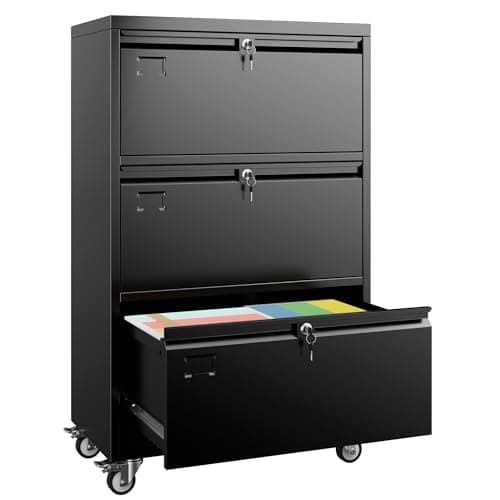 METAN 3 Drawer Lateral File Cabinet on Wheels with Locks, Heavy Duty Metal Rolling Filing Cabinet for Home Office, for Letter, Legal Size Folders, Black, Assembly Required,16" D x 29" W x 47.5" H