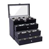 AYLYOTOY 24 Slot 4-Layer PU Leather Sunglasses Organizer, Black Eyeglass Storage Case Box with Drawer, Lockable Eyewear Display Collector Clear Top for Women and Men