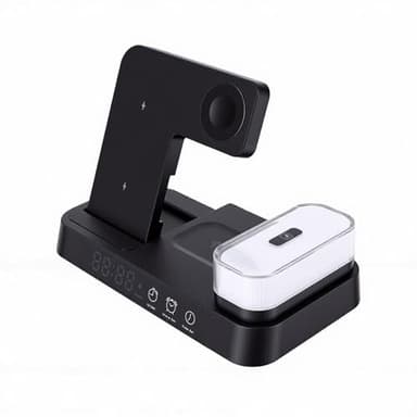 EBTOOLS 4 in 1 Magnetic Charging Station, Wireless Charger Stand with LED Display Digital Clock Alarm RGB Night Light for Smartphones Watch Earbuds (Black)