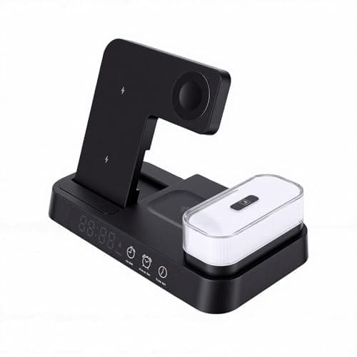 EBTOOLS 4 in 1 Magnetic Charging Station, Wireless Charger Stand with LED Display Digital Clock Alarm RGB Night Light for Smartphones Watch Earbuds (Black)