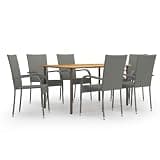 KLGBNCVE 7 Piece Patio Dining Set with Solid Acacia Wood Table and Steel Frame, Gray PE Rattan Stackable Chairs for Outdoor Use
