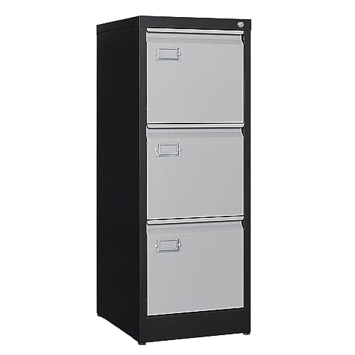 BYNSOE 3 Drawer File Cabinet with Lock Metal Vertical File Cabinet Office Home Narrow File Cabinet for A4 Legal/Letter Size,Assembly Required (Black Gray, 3 Drawers-Vertical)