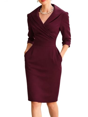 Womens Notched V Neck Wrap Dress Professional Ruched Waist Office Midi Bodycon Dress