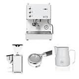 Diletta Mio Espresso Machine (White) Bundle with Giannino Espresso Grinder (Chrome), 58mm Bottomless Portafilter & 12oz Frothing Pitcher (Matte White)