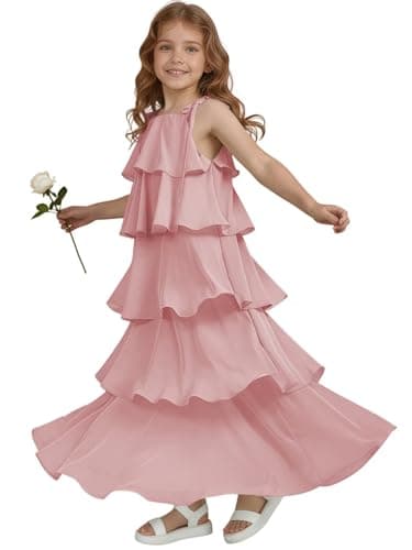 Dvdci Tiered Junior Bridesmaid Dresses for Teen Girls Spaghetti Straps Chiffon Long Dusty Rose Pageant Dress US14