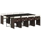 mtlskopl 9 Piece Patio Dining Set with Cushions, Brown Poly Rattan Backyard Garden Table and 8 Chairs, Space Saving Outdoor Furniture for Lawn Deck and Courtyard