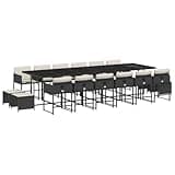 WRJENFSC 17-Piece Garden Dining Set, Large Outdoor Rattan Dining Table with 12 Chairs and 4 Stools, Tempered Glass Top, Black Wicker Patio Furniture for 16 Person, Cream White Cushions