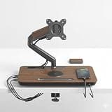 Premium Gas Spring Monitor Arm with Wooden Desk Organizer Base & 15W Wireless Charger, Single Monitor Desk Mount with USB C Hub, Ergonomic Articulating VESA Stand for 17-34 Inch Screen, Space Saving