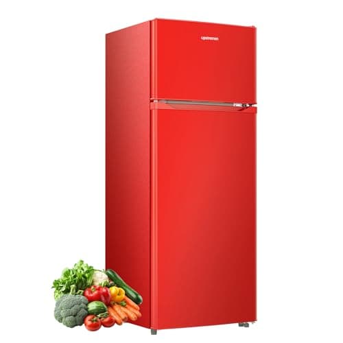 Upstreman 7.7 Cu Ft Refrigerator with Freezer, Double Door Fridge with Adjustable Thermostat Reversible Door, Large Capacity Refrigerator for Apartment, Dorm, Office, Kitchen, Red (BD-75)