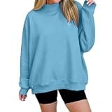Women's Mock Neck Drop Shoulder Sweatshirt Long Sleeve Loose Fit Soft Comfy Pullover Casual Lounge Fall Winter Tops Blue