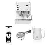 Diletta Mio Espresso Machine (White) Bundle with Giannino Espresso Grinder (Black), 58mm Bottomless Portafilter & 12oz Frothing Pitcher (Matte White)