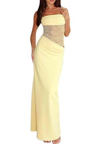 Ptorlio Womens Maxi Dress Summer Wedding Guest Party Lace Bodycon Sleeveless Cut Out Spaghetti Strap Mesh Dresses Yellow