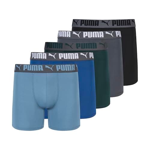 PUMA Men's 5 Pack Performance Boxer Briefs, Green/Blue, Large