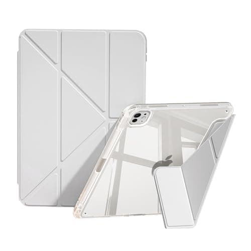 Case for iPad Pro 11-Inch M5 2025 / M4 2024 (6th/5th Generation) with Pencil Holder, Multi-Angle Trifold Stand， Slim Cute Clear Hard PC Back Shell, Protective Cover, Auto Sleep/Wake (Grey)