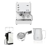 Diletta Mio Espresso Machine (White) Bundle with Eureka Filtro Silent Grinder (White), 58mm Bottomless Portafilter & 12oz Frothing Pitcher (Matte White)