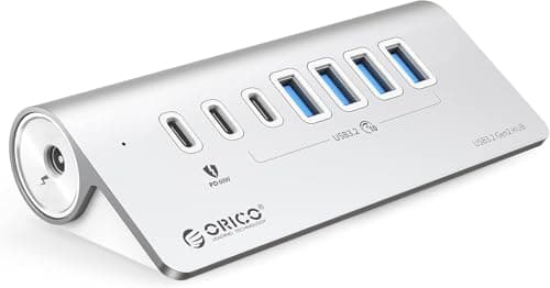 ORICO 7-Port USB 3.2 Gen2 Hub, Powered USB 3.2 Hub with 4 USB-A, 2 USB-C, PD 60W, 72W Power Adapter, 10Gbps Aluminium USB-Splitter with 3.28Ft USB-C to USB-C Cable for iMac, MacBooks, Mac mini