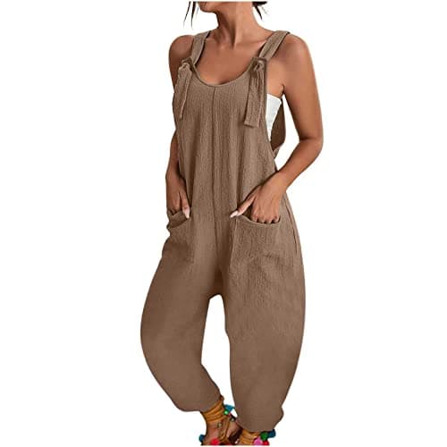 Women Overalls Jumpsuits Loose Casual Dressy Sleeveless Baggy Harem Pants Romper Jumpers 2025 Trendy Summer Outfits(Khaki, XL)
