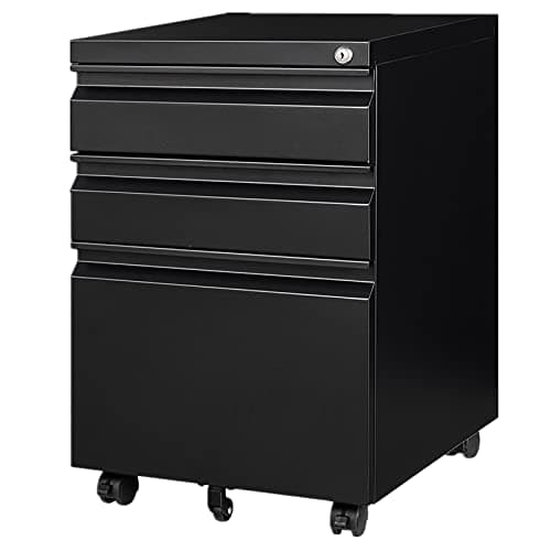 BYNSOE 3 Drawers File Cabinet with Lock Metal Vertical File Cabient with Wheels Mobile File Cabinet for Office Home,Fully Assembled